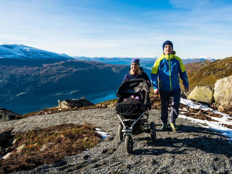A family walking on the mountains