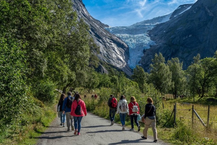 a group of people walking on a path